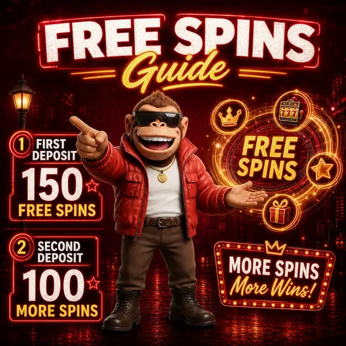 BonusKong gesticula hacia una pantalla giratoria de tiradas gratis en atmósfera de casino iluminada con neón