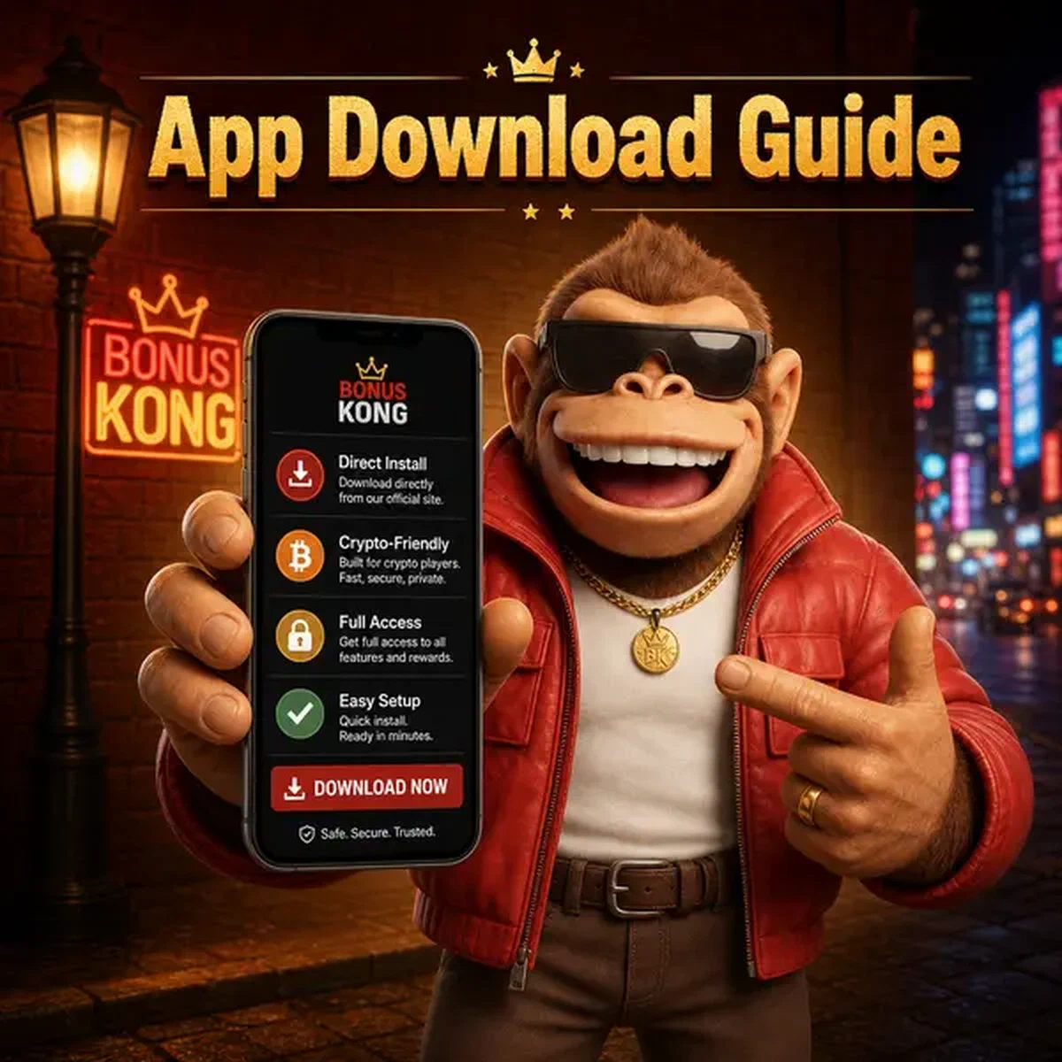 BonusKong mostrando descarga de app móvil en smartphone brillante en esquina de calle iluminada con neón