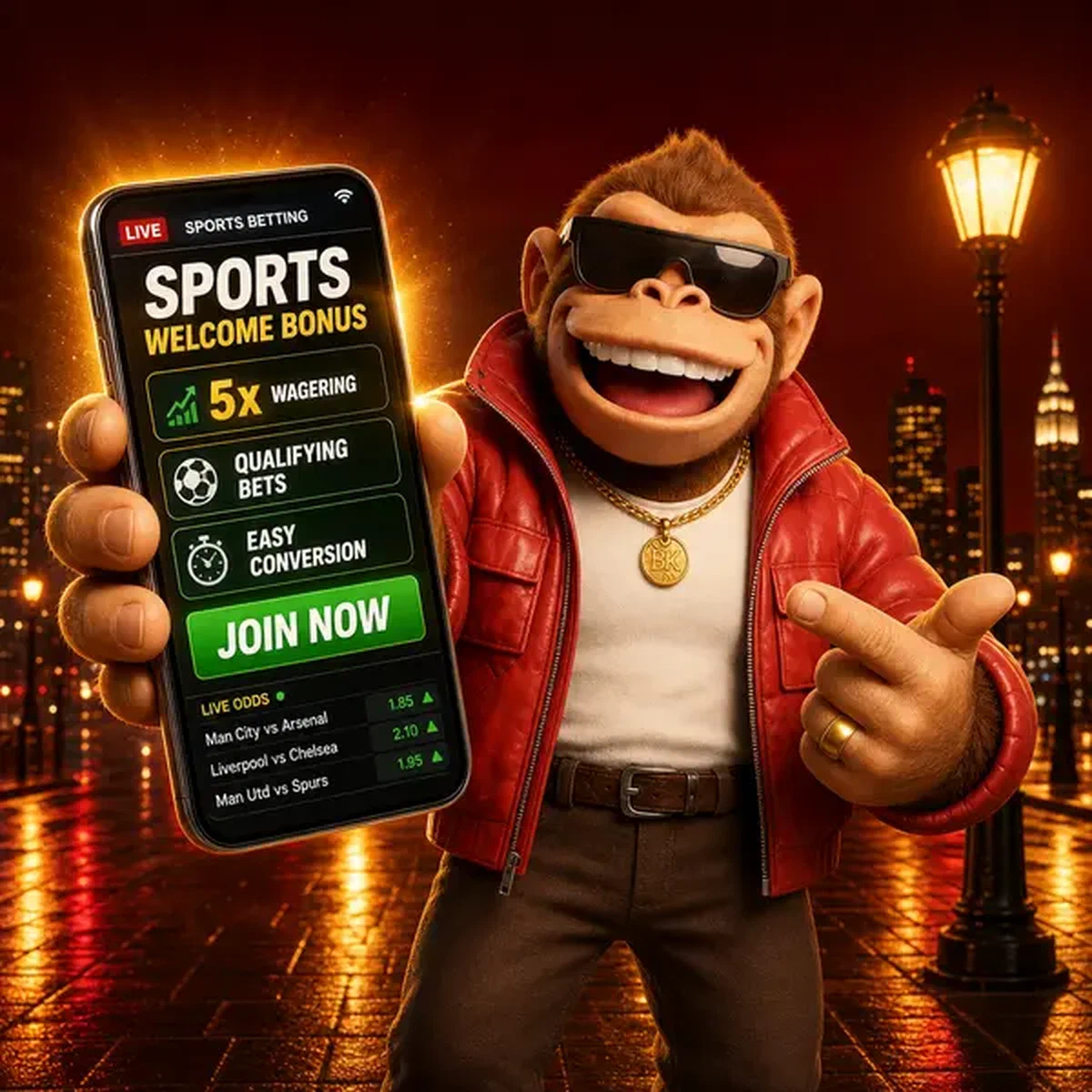 BonusKong mostrando cuotas de apuestas deportivas en smartphone en esquina de calle con neón