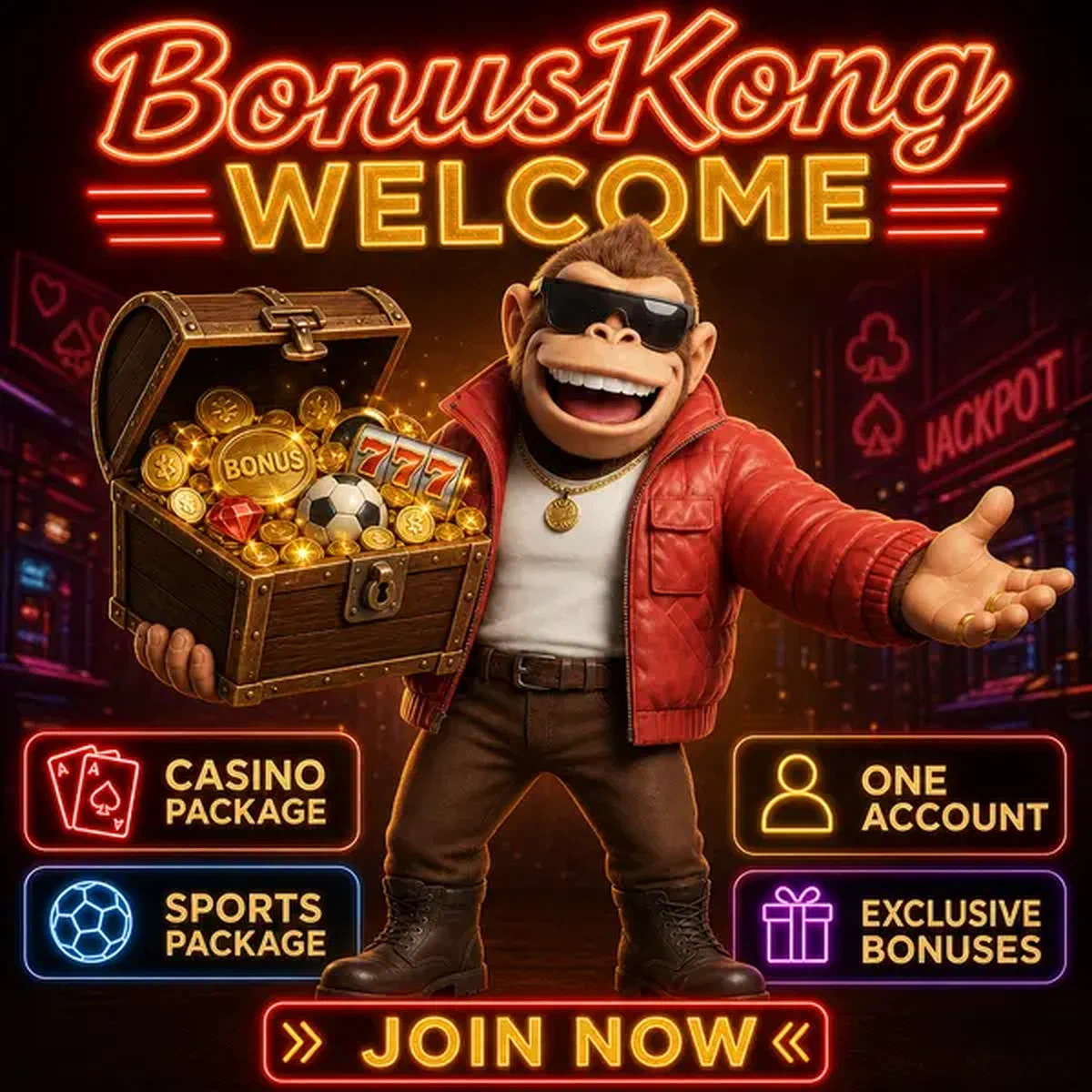 Jugador creando cuenta en BonusKong Casino con cofre del tesoro de bonos de bienvenida