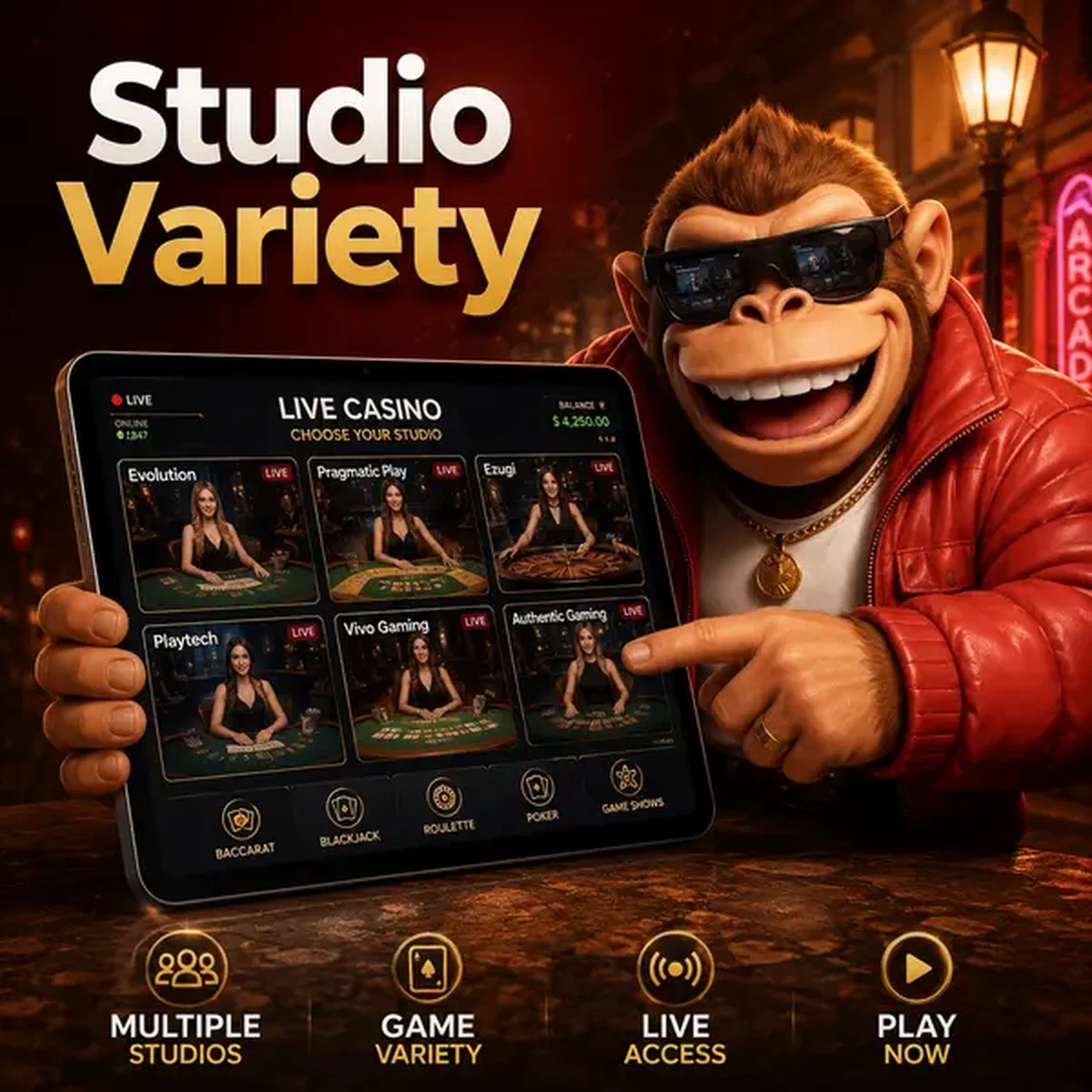 BonusKong estudiando opciones de crupier en vivo en configuración multi-estudio de Evolution Gaming Casino
