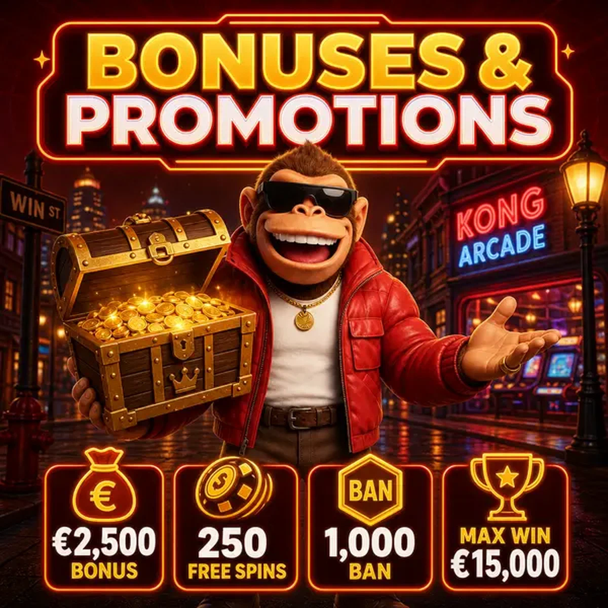 BonusKong muestra orgullosamente cofre del tesoro lleno de monedas de bono y recompensas promocionales