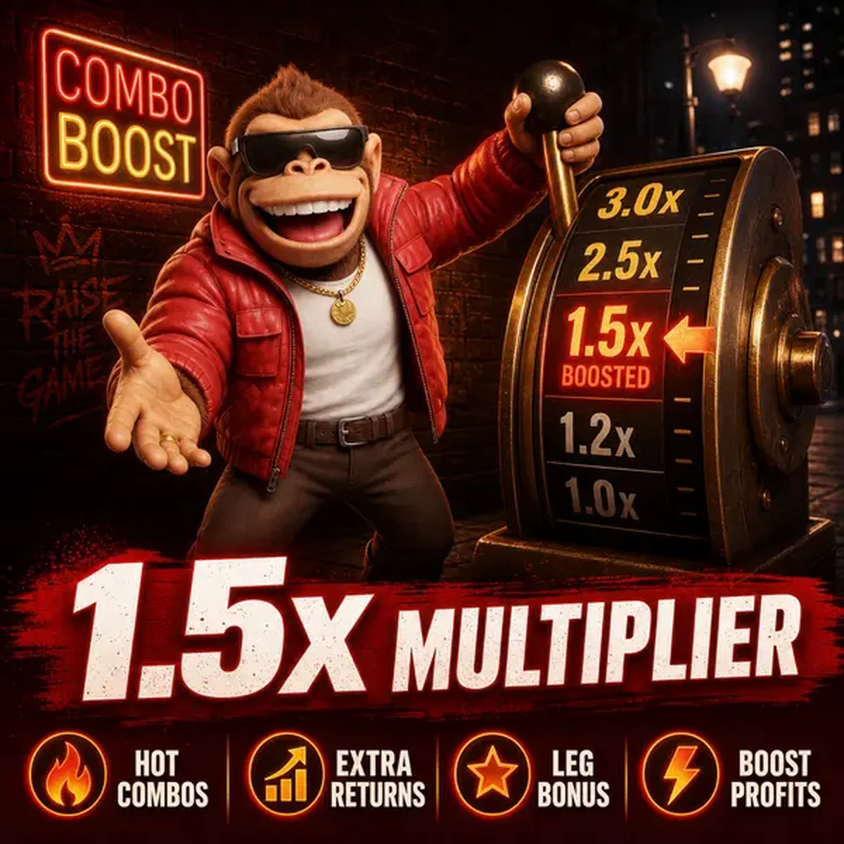 BonusKong tira de palanca en zona de apuestas deportivas ComboBoost con multiplicador 1,5x brillando