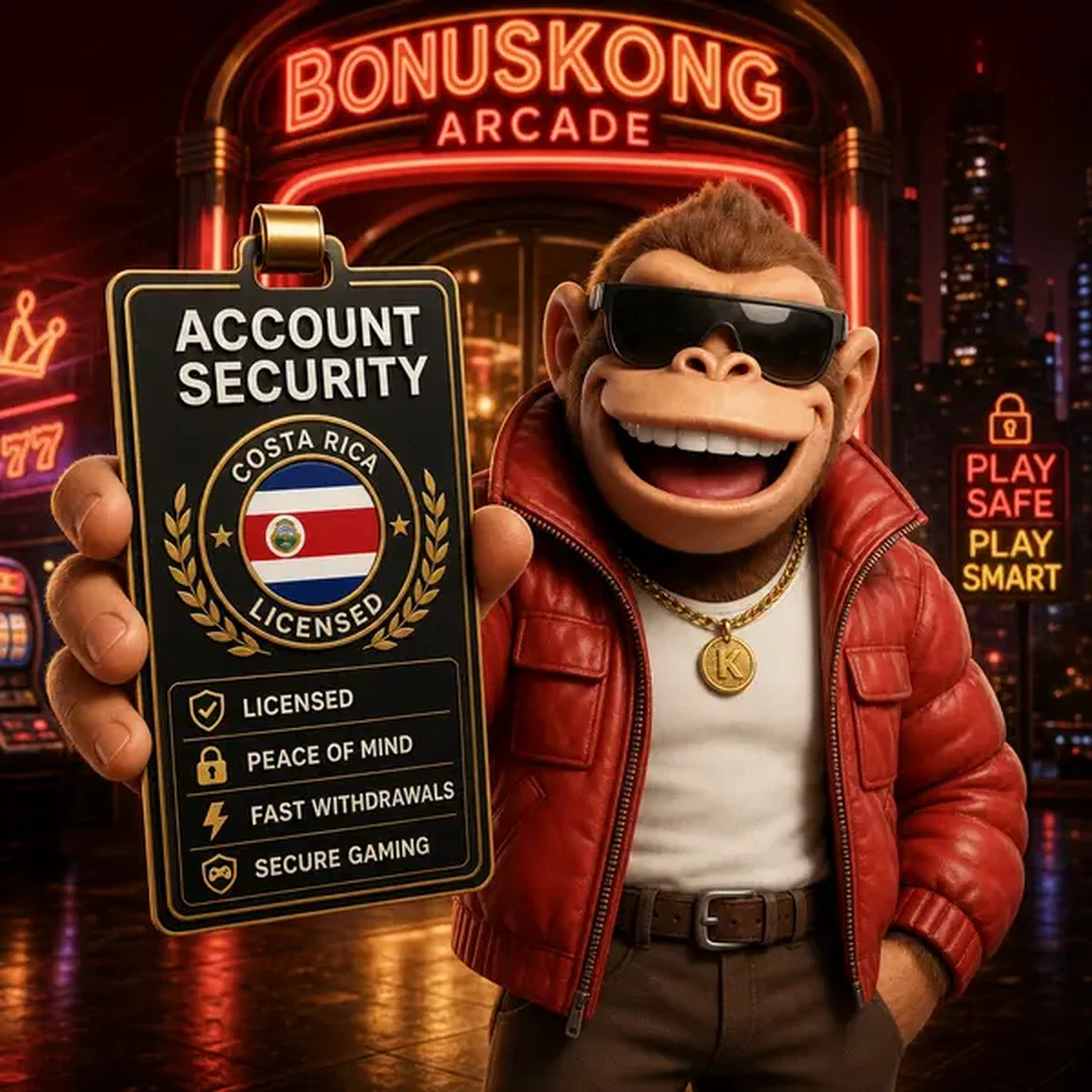 BonusKong mostrando Licencia de Costa Rica y Marco de Seguridad de Cuenta con insignia de registro con confianza