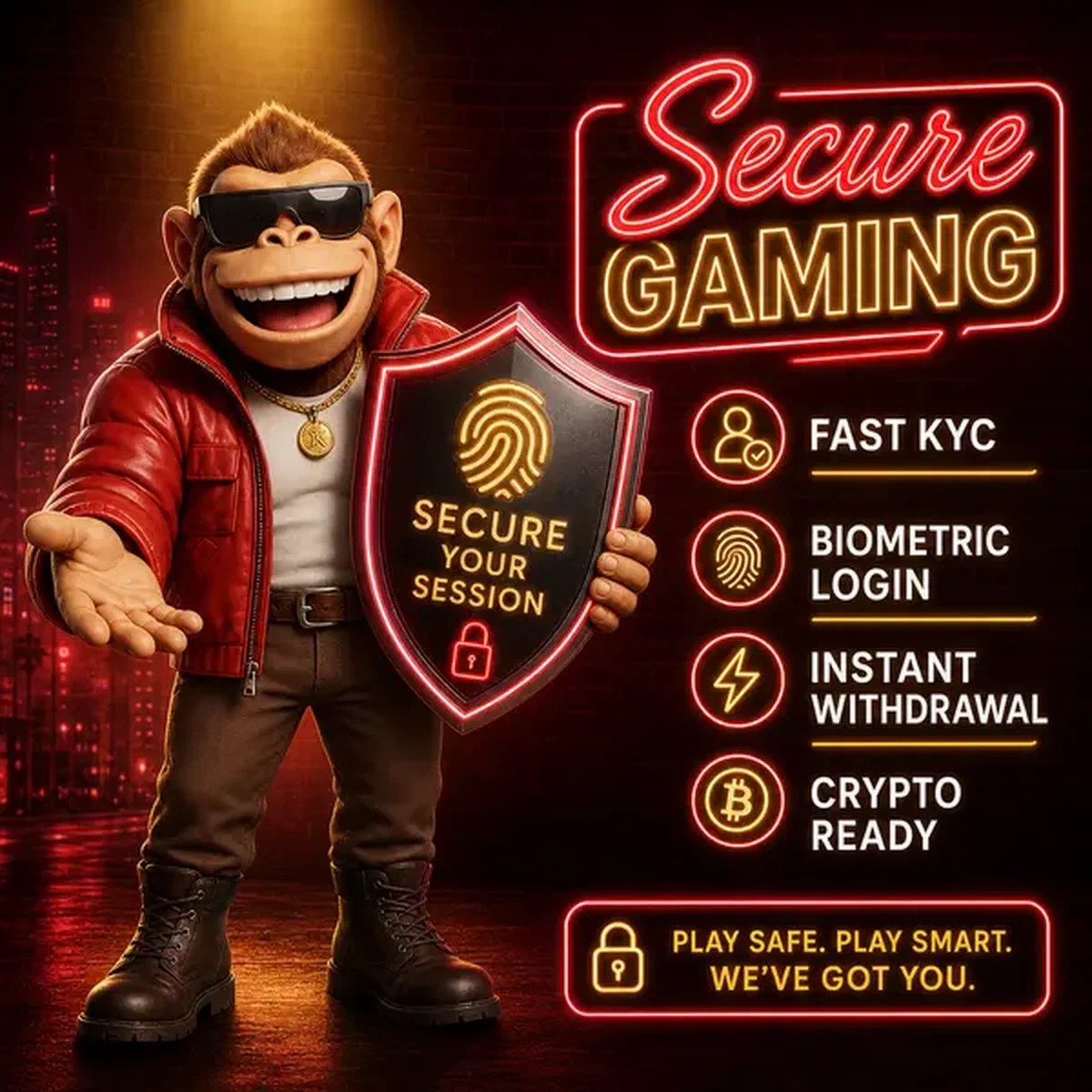 BonusKong sosteniendo escudo de seguridad mientras el jugador descarga app móvil en portal de juego seguro