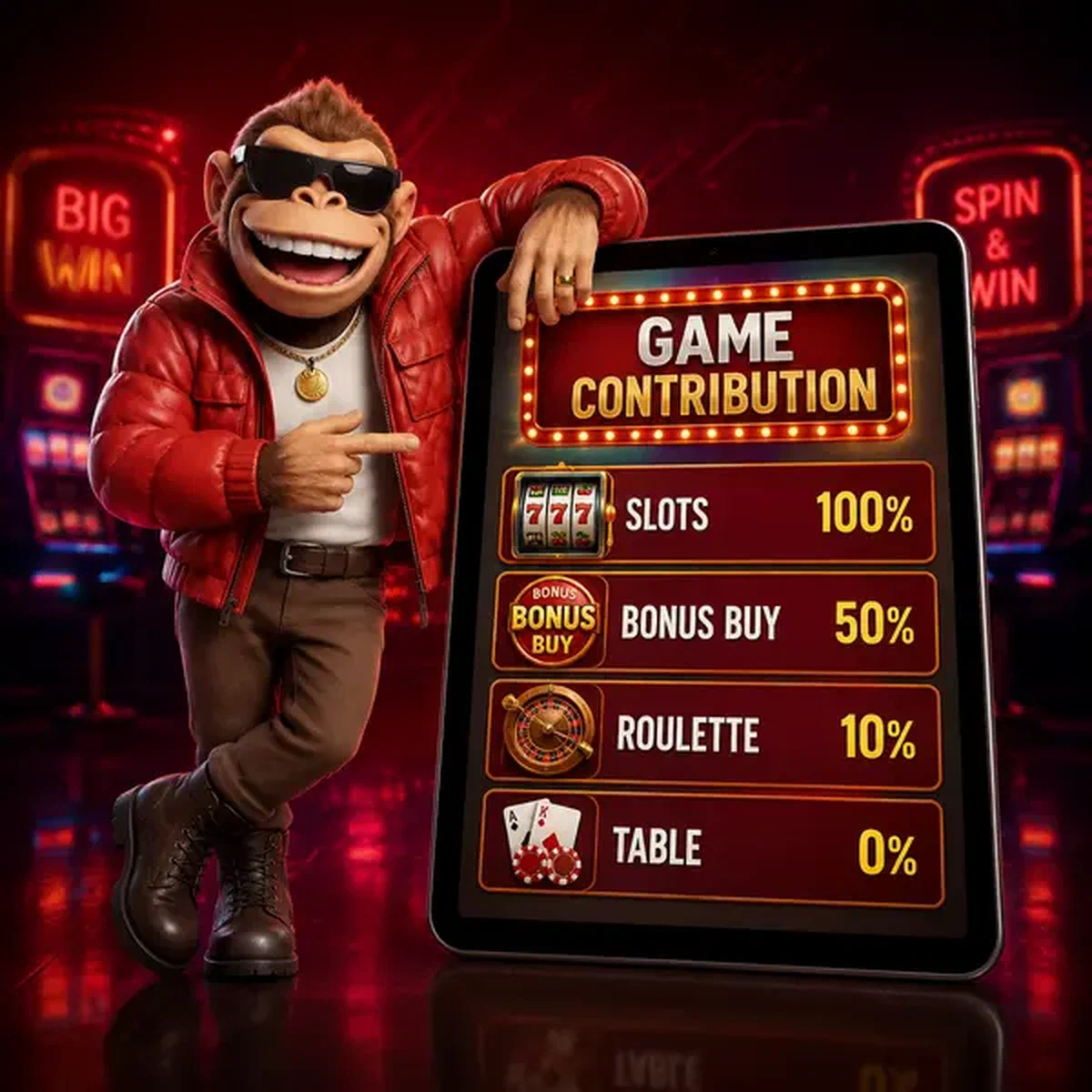 BonusKong explicando contribuciones de juegos para requisitos de apuesta de bono en interfaz de arcade iluminada con neón