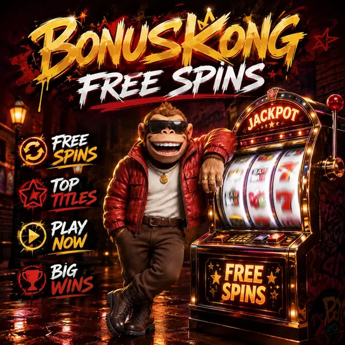 BonusKong disfrutando tiradas gratis en una máquina tragamonedas brillante en un entorno de casino urbano iluminado con neón