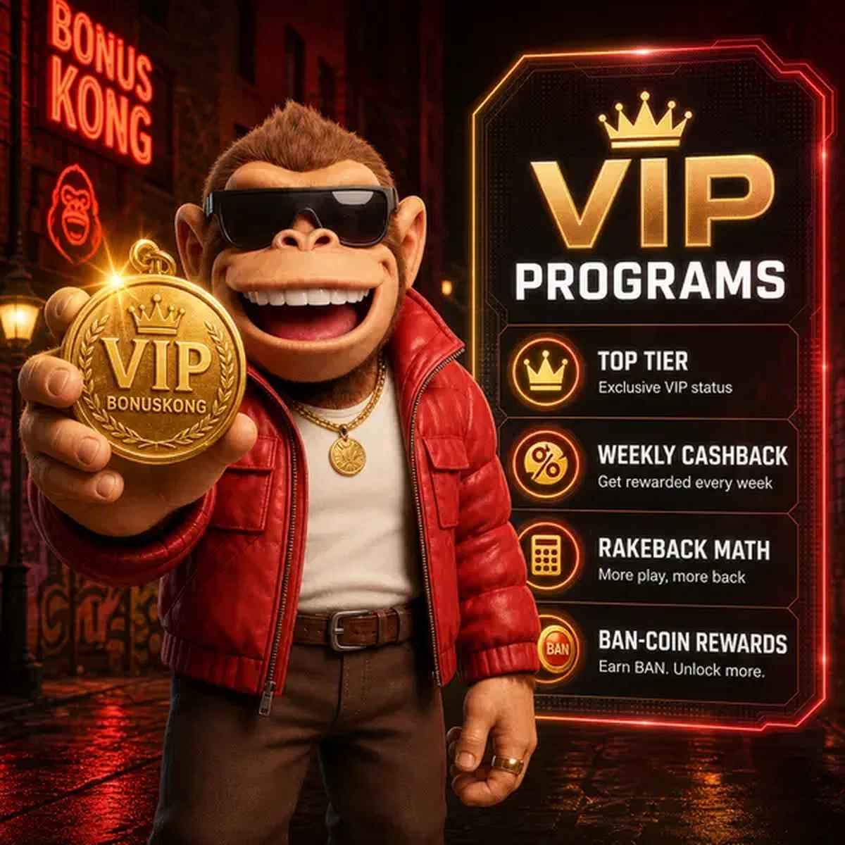 BonusKong muestra medallón VIP dorado en esquina exclusiva del programa de fidelidad