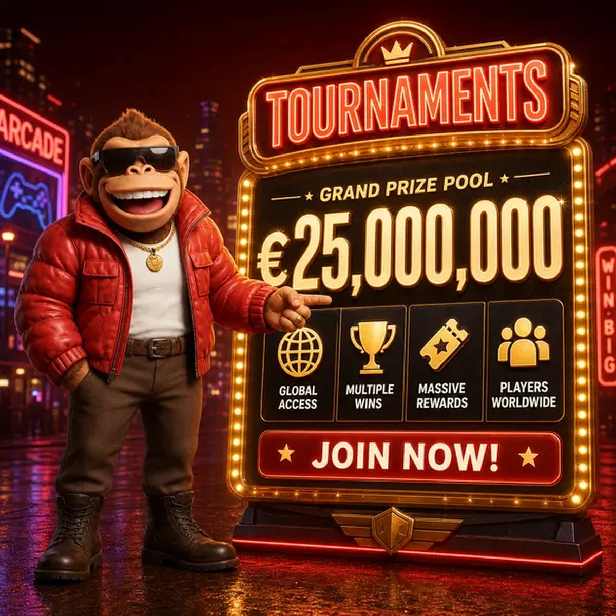 BonusKong presenta tablero de premios de torneo masivo en zona de competición arcade iluminada con neón