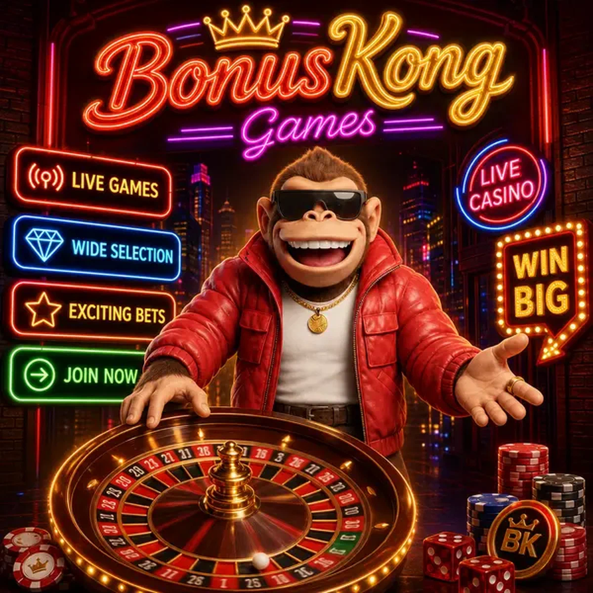 BonusKong Games presenta ruleta giratoria en entrada de casino en vivo iluminada con neón