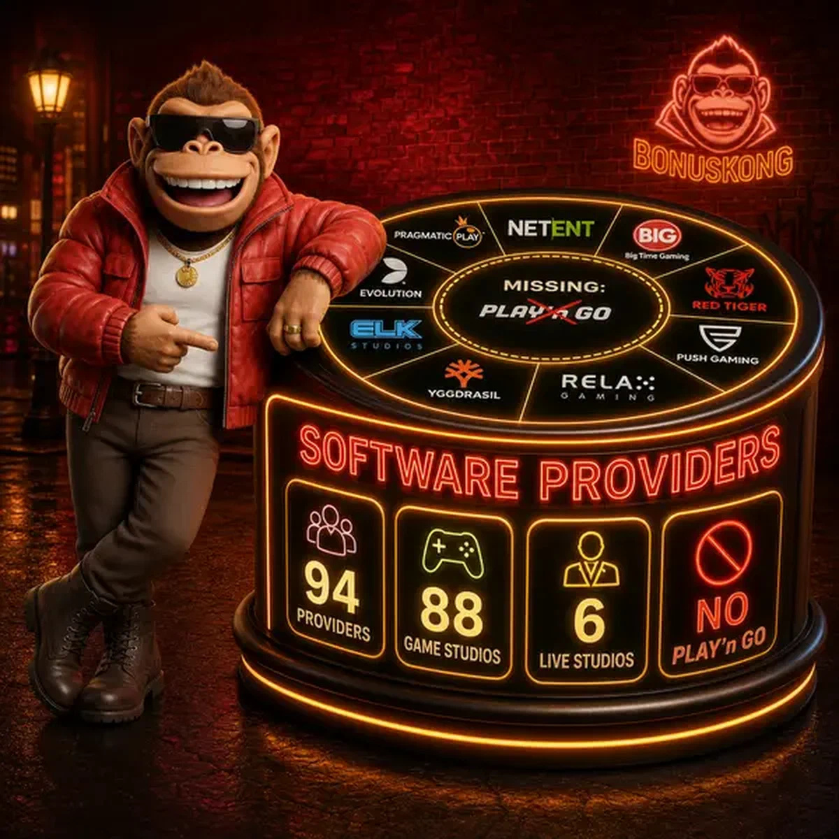 BonusKong apoyado contra mesa de juego iluminada mostrando 94 proveedores de software y estudios