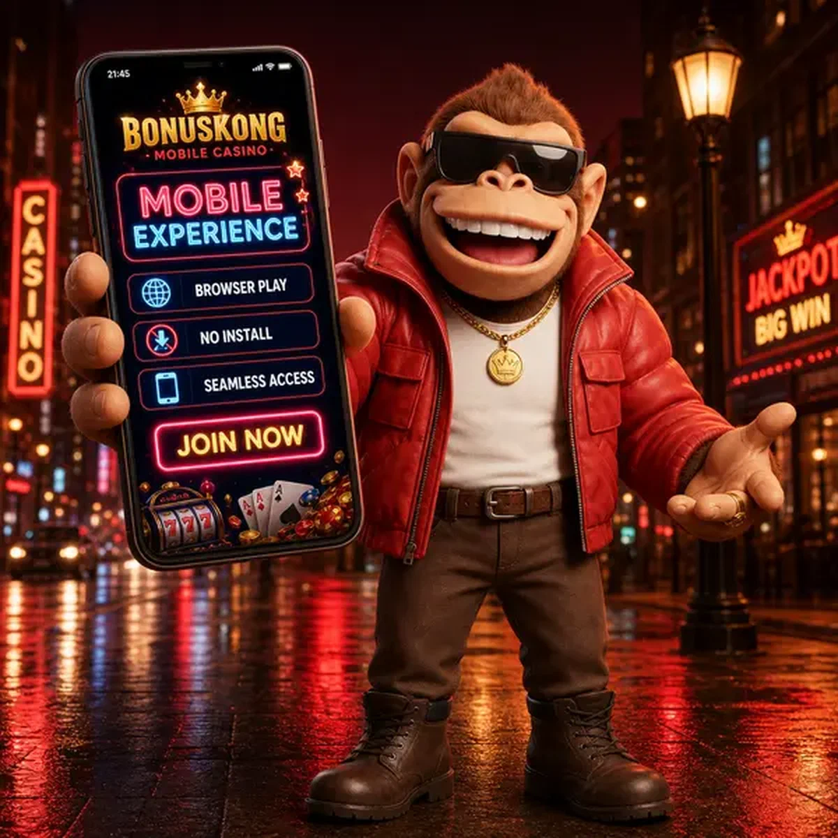 BonusKong muestra experiencia de juego en app móvil en esquina de calle urbana iluminada con neón